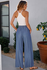 Sky Blue Side Pockets Frilled Smocked High Waist Wide Leg Jeans Bottoms JT's Designer Fashion
