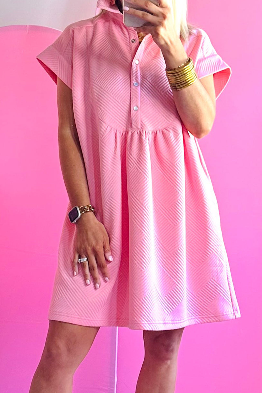 Pink Collared Textured Knit Short Sleeve Dress Dresses JT's Designer Fashion