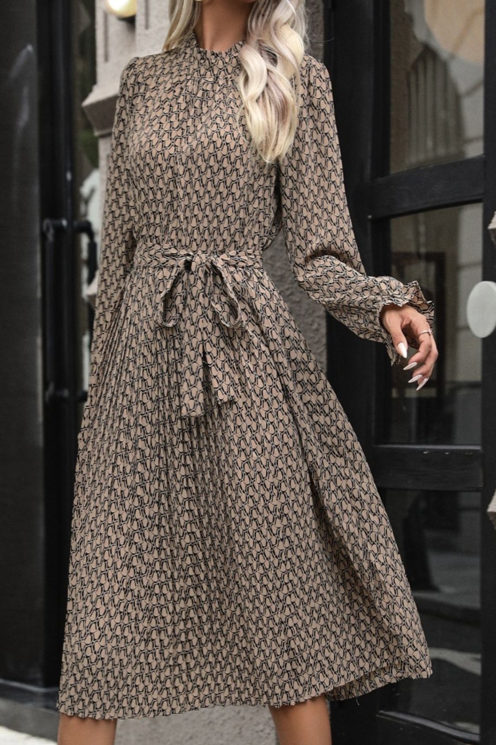 Printed Mock Neck Flounce Sleeve Dress Coffee Brown Midi Dresses JT's Designer Fashion