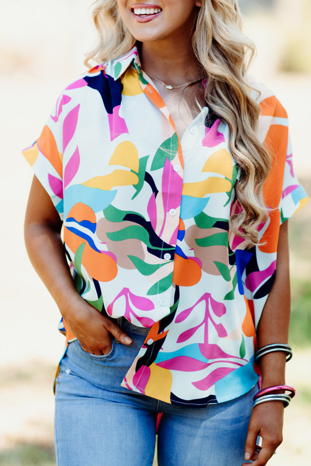 Multicolour Abstract Leafy Print Short Sleeve Shirt Tops & Tees JT's Designer Fashion