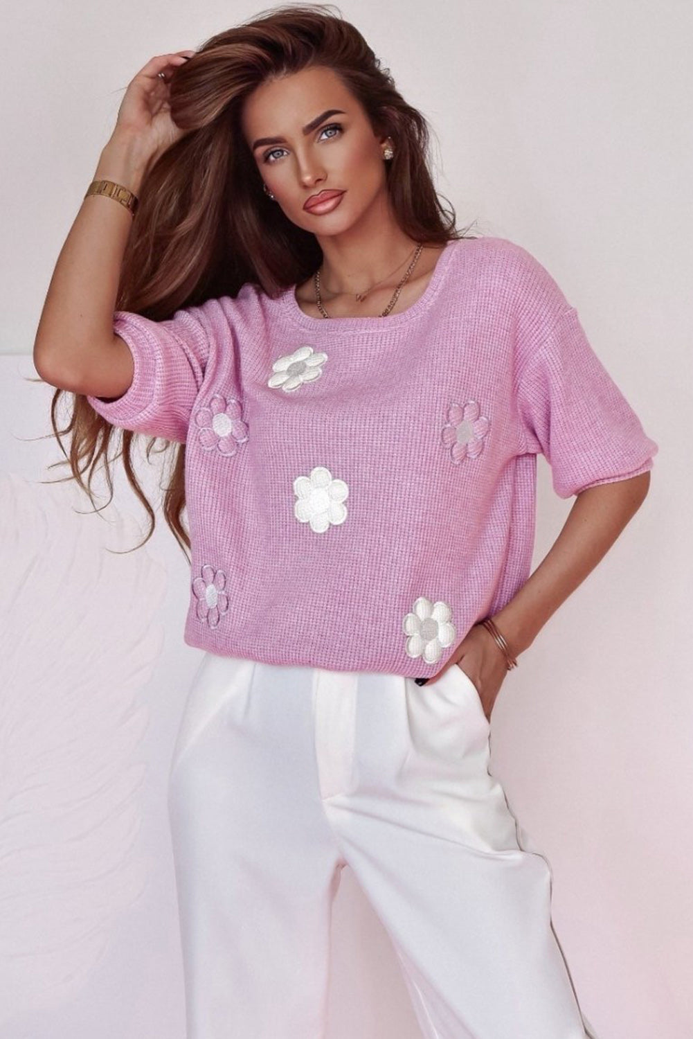 Pink Embroidered Flower Detail Short Sleeve Knitted Top Tops & Tees JT's Designer Fashion