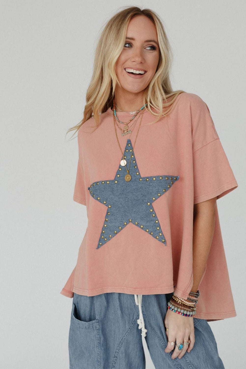 Apricot Pink Studded Star Patch Graphic High Low Tee Tops & Tees JT's Designer Fashion