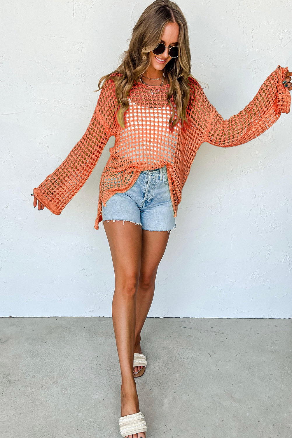 Orange Open Knit Crochet Bell Sleeve Tunic Sweater Pre Order Sweaters & Cardigans JT's Designer Fashion