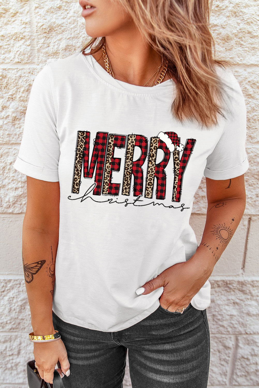 White Plaid Leopard MERRY Christmas Print T Shirt Graphic Tees JT's Designer Fashion