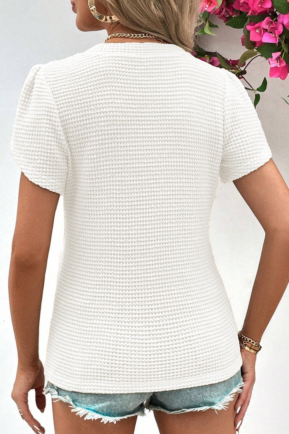 White V Neck Petal Sleeve Waffle Knit T-Shirt Tops & Tees JT's Designer Fashion