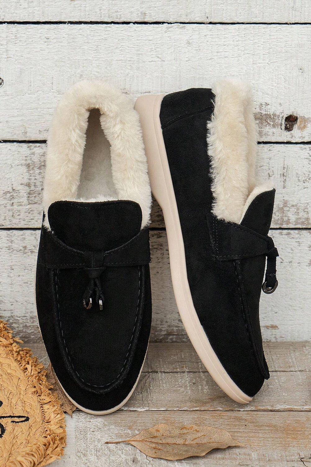 Black Suede Furry Lined Slip on Flat Shoes Women's Shoes JT's Designer Fashion