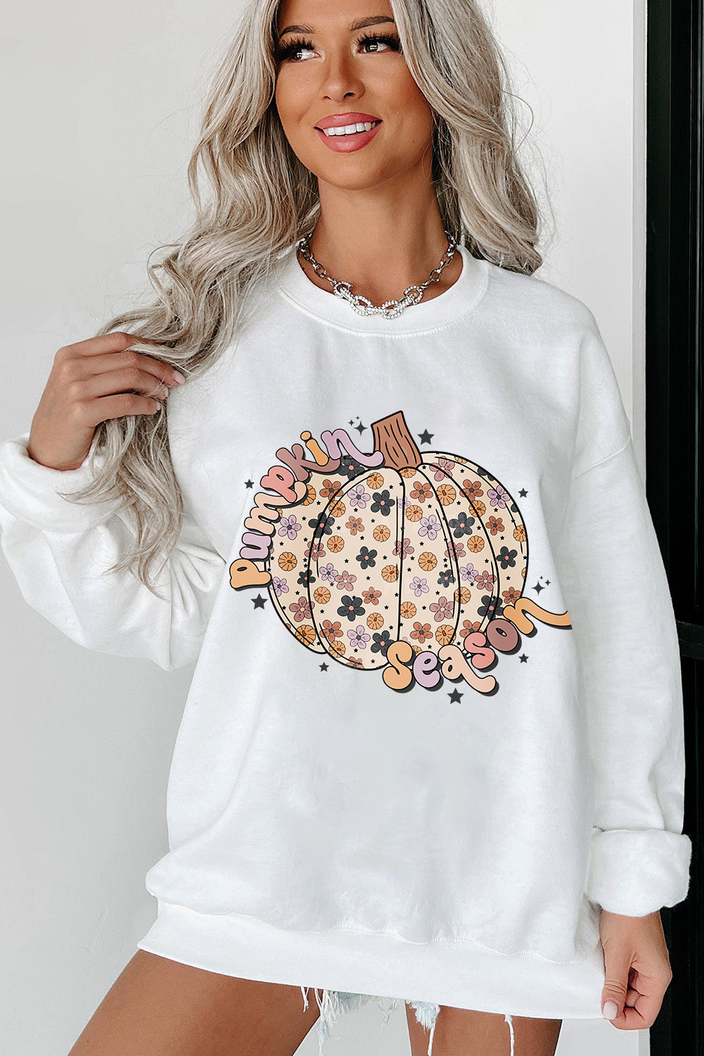 White Floral Pumpkin Season Graphic Loose Sweatshirt Graphic Sweatshirts JT's Designer Fashion