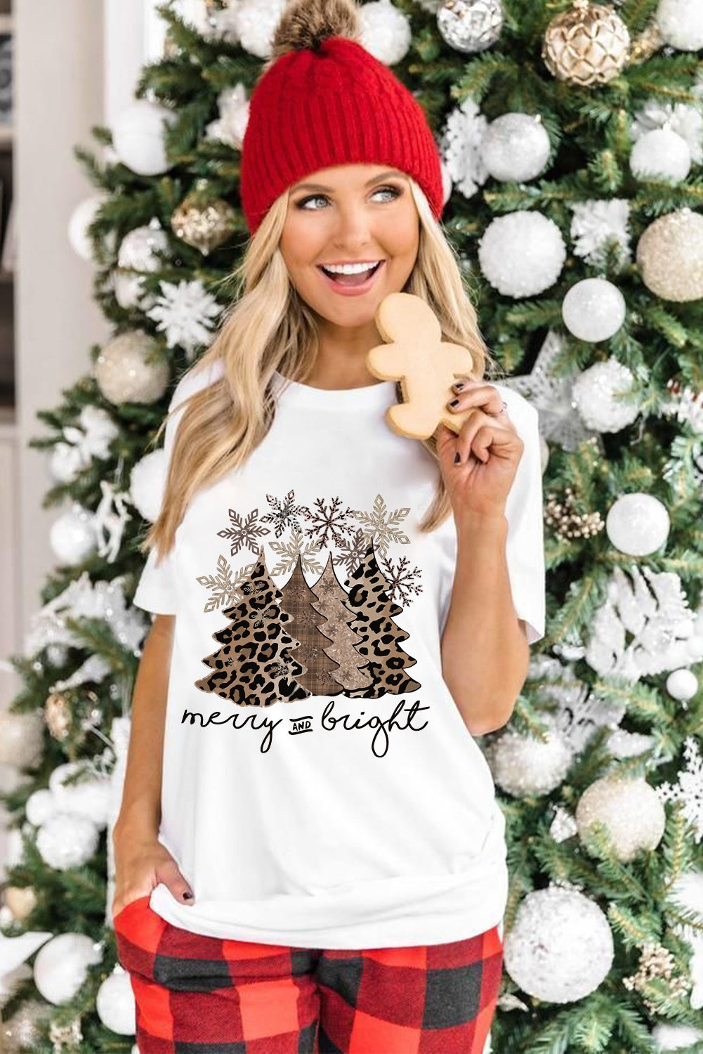 White Leopard Christmas Tree Graphic Crew Neck T Shirt Graphic Tees JT's Designer Fashion