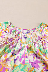 Purple Abstract Printed Ruffled Short Sleeve Notched Neck Blouse Blouses & Shirts JT's Designer Fashion