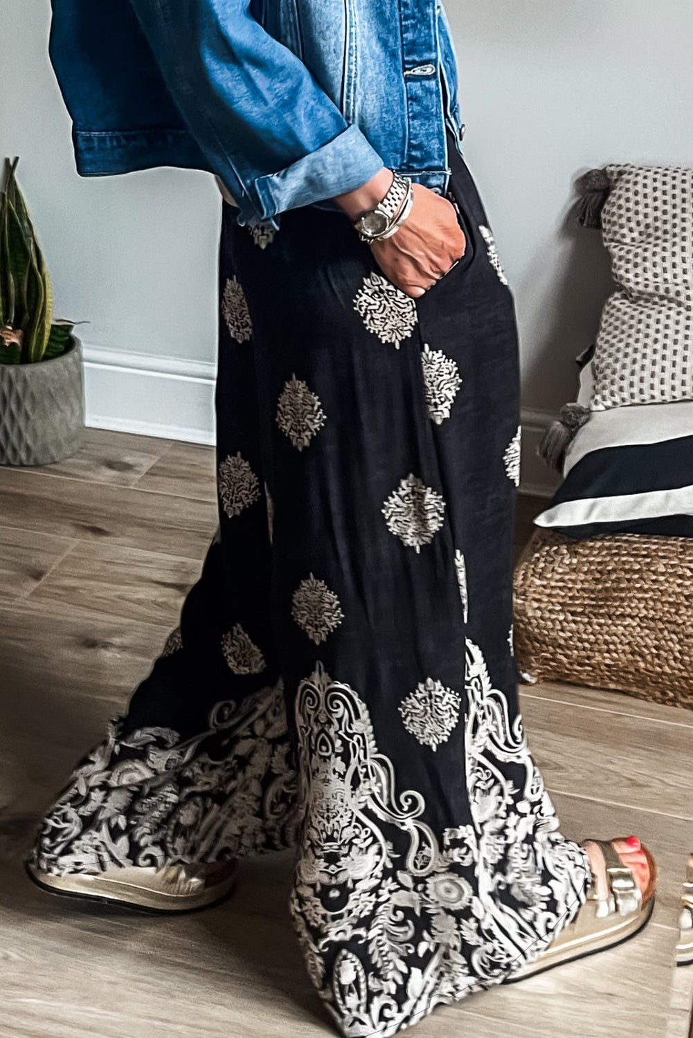 Black Bohemian Printed Drawstring Waist Wide Leg Pants Pants & Culotte JT's Designer Fashion