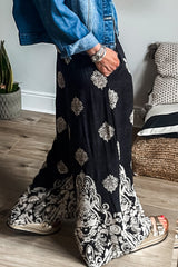 Black Bohemian Printed Drawstring Waist Wide Leg Pants Pants & Culotte JT's Designer Fashion