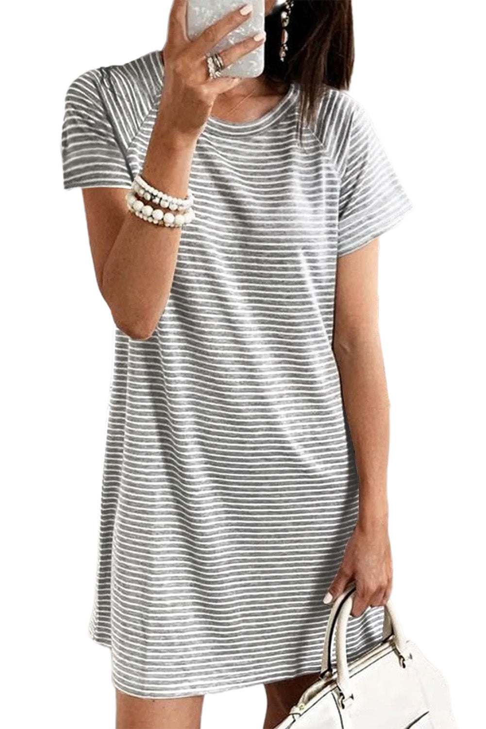 Gray Raglan Sleeve Striped Cotton-blend T-shirt Mini Dress T Shirt Dresses JT's Designer Fashion