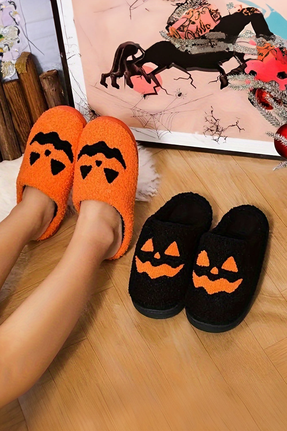 Orange Halloween Pumpkin Face Graphic Plush Slippers Slippers JT's Designer Fashion