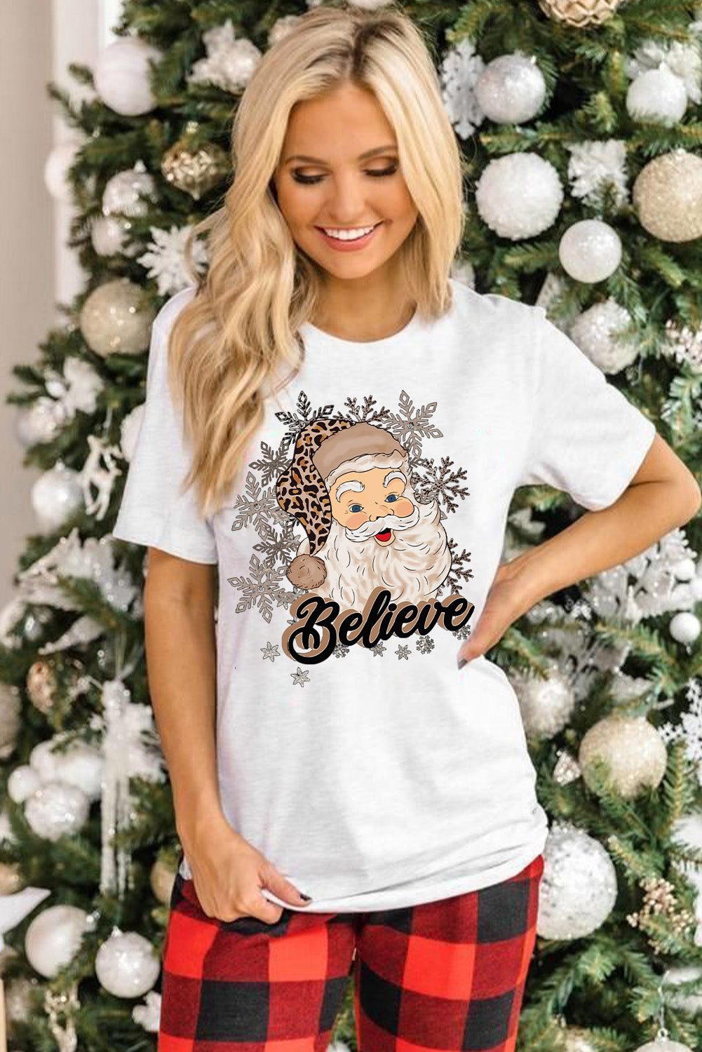 White Believe Santa Claus Snowflake Print Crew Neck T Shirt Graphic Tees JT's Designer Fashion