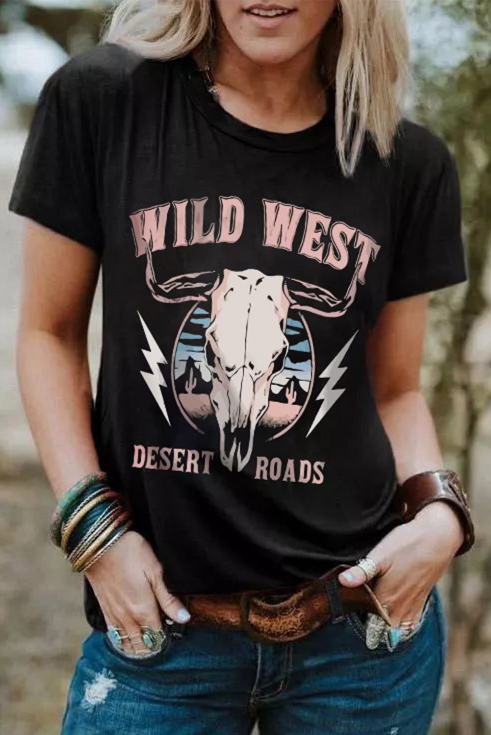 Black Wild West Desert Roads Steer Head Graphic Tee Black 95%Polyester+5%Elastane Graphic Tees JT's Designer Fashion