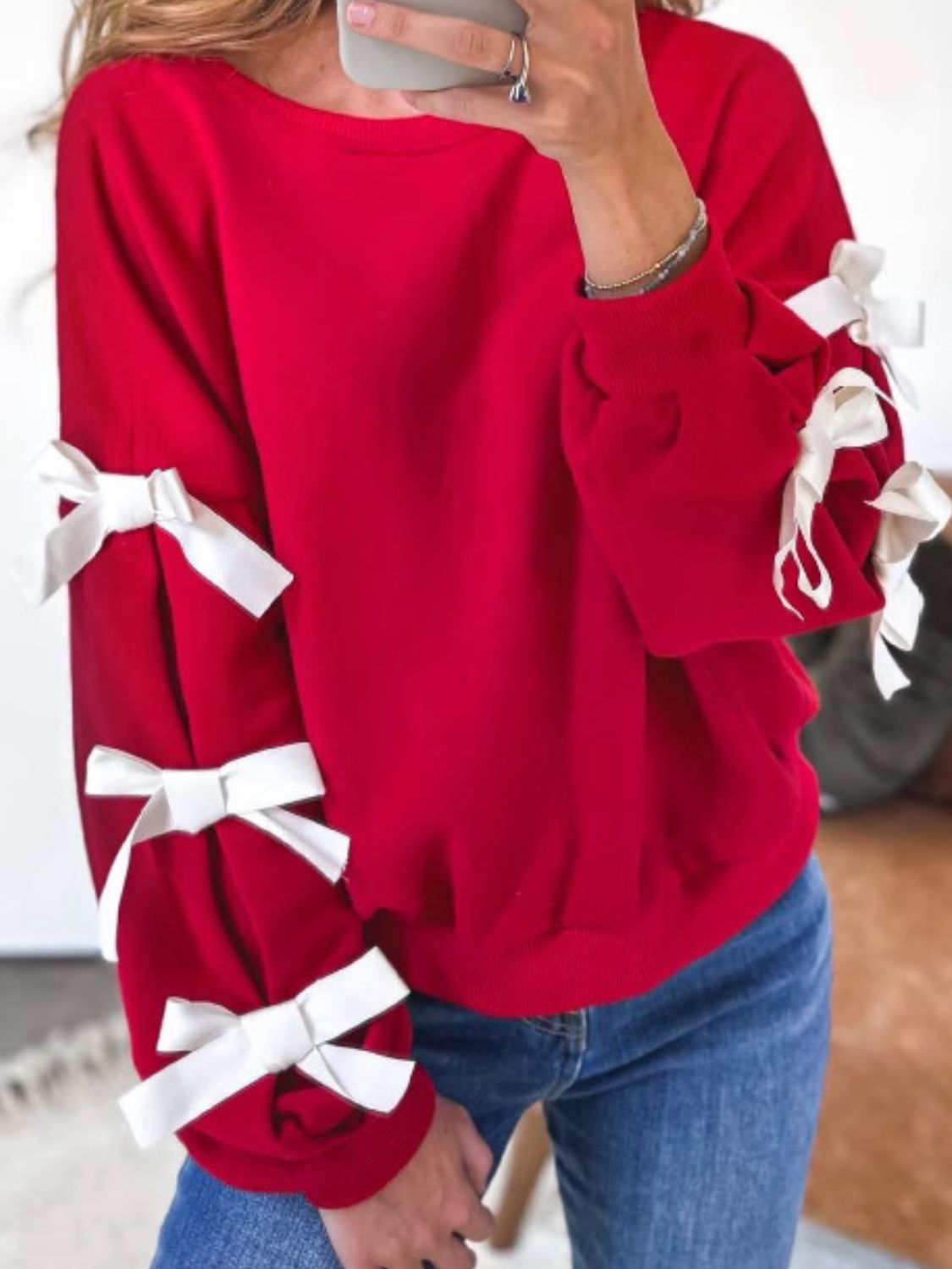 Contrast Bow Round Neck Long Sleeve Sweatshirt Long Sleeve Tops JT's Designer Fashion