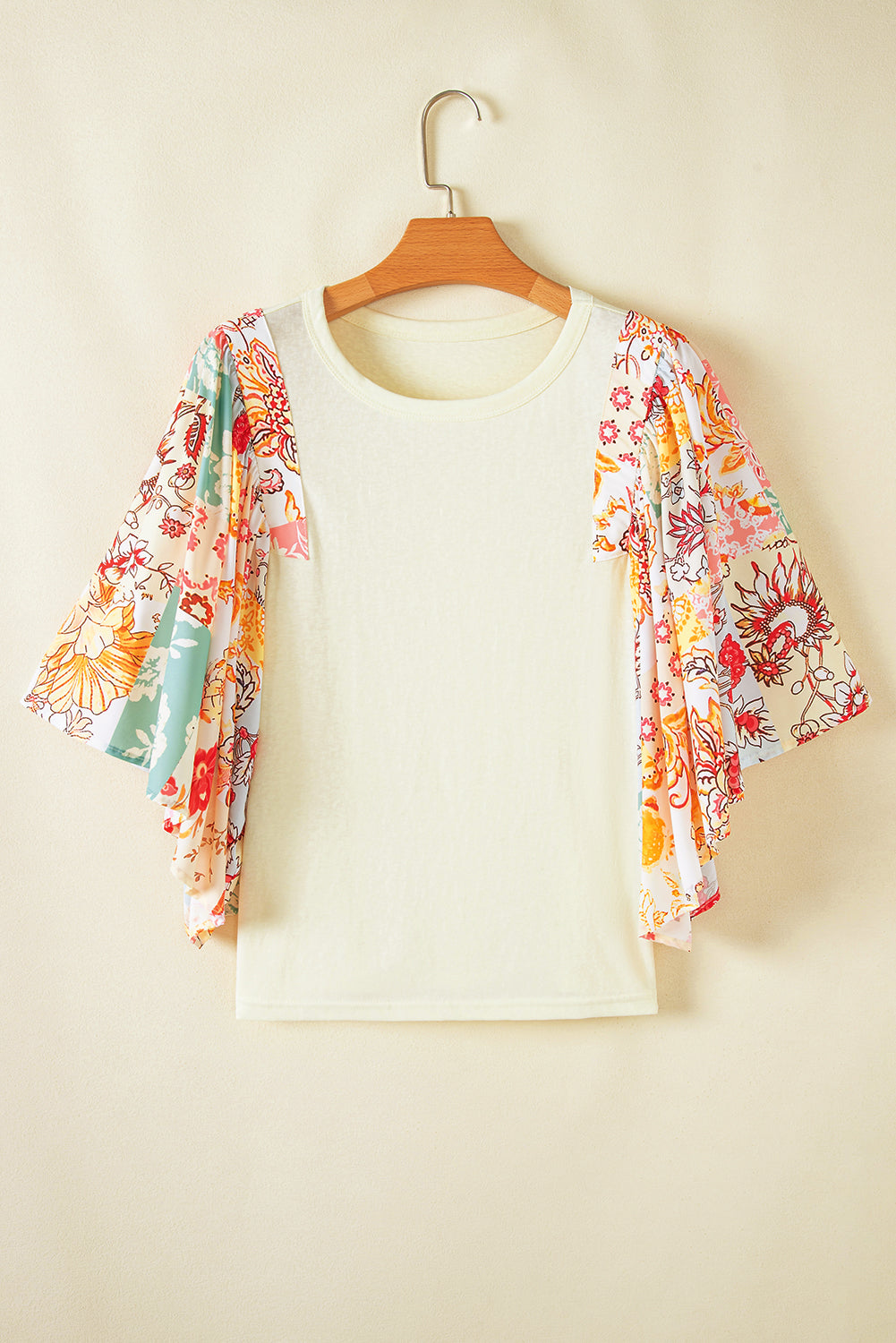 Beige Floral Patchwork Half Batwing Sleeve Blouse Blouses & Shirts JT's Designer Fashion