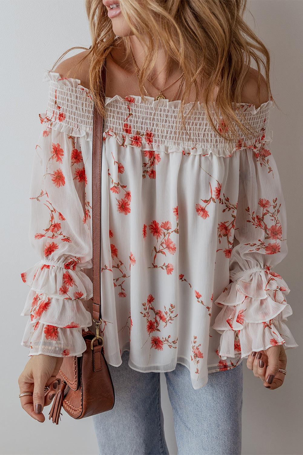 White Floral Print Shirred Off Shoulder Ruffled Sleeve Blouse Blouses & Shirts JT's Designer Fashion