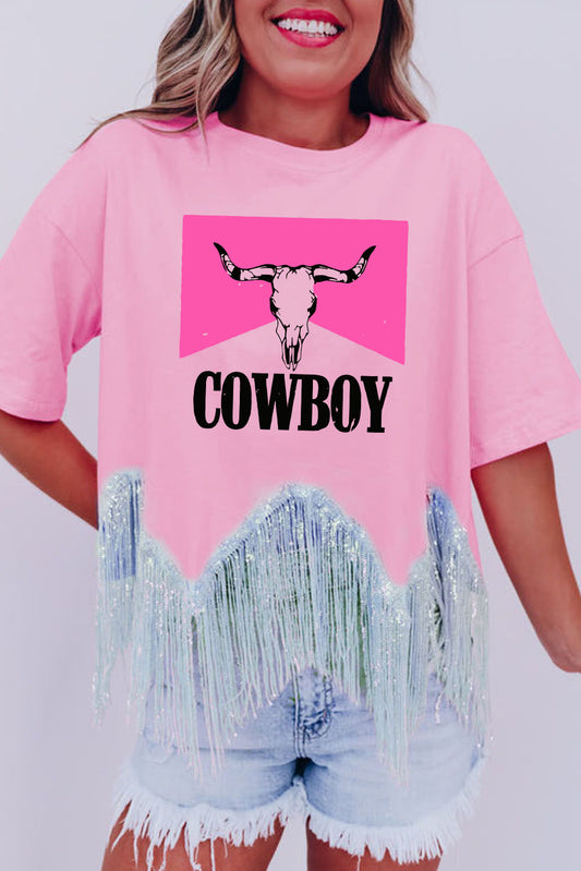 Pink COWBOY Western Fashion Print Sequin Fringed Hem Tee Graphic Tees JT's Designer Fashion