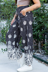 Black Bohemian Printed Drawstring Waist Wide Leg Pants Pants & Culotte JT's Designer Fashion