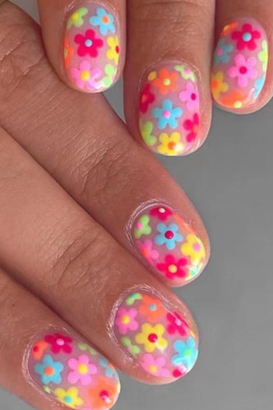 Pink 24pcs Cute Flowers Print Press On False Nails Other Accessories JT's Designer Fashion