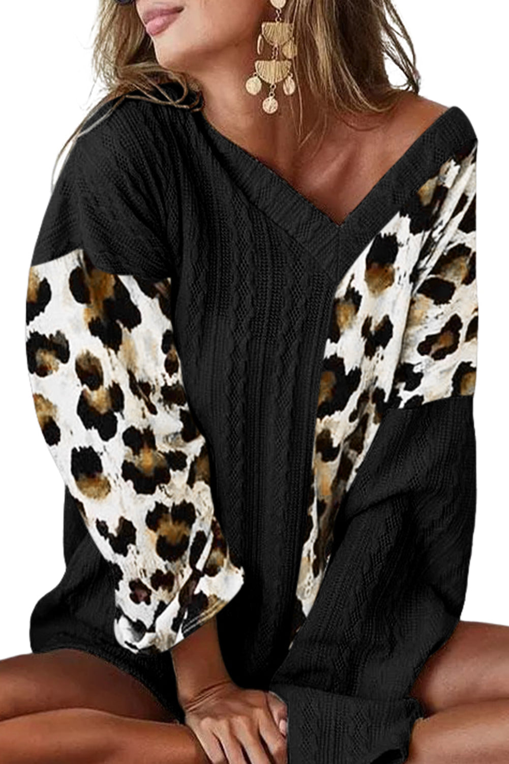 Black Asymmetric Leopard Patchwork Wide Sleeve V Neck Sweater Sweaters & Cardigans JT's Designer Fashion