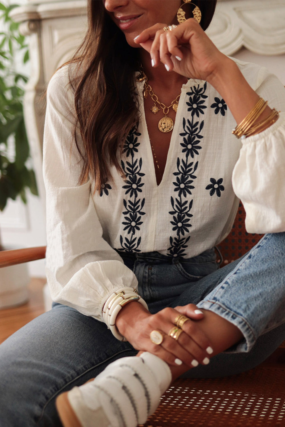 White Floral Embroidered Frilled V Neck Puff Sleeve Blouse Blouses & Shirts JT's Designer Fashion