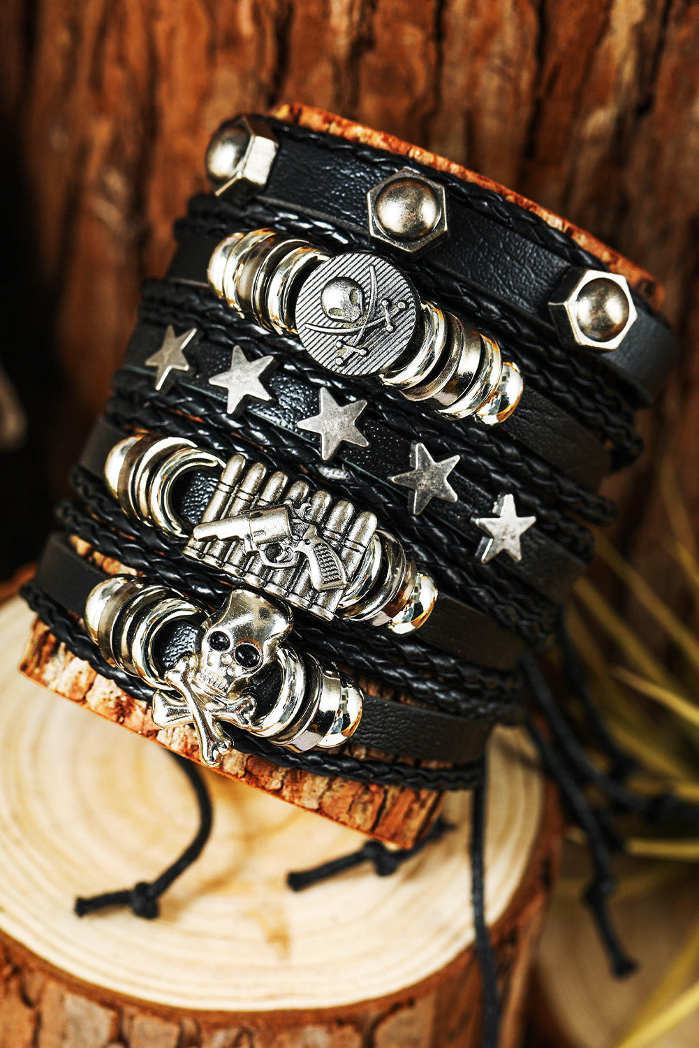 Black Gun Skull Star PU Leather Bracelet Set Jewelry JT's Designer Fashion