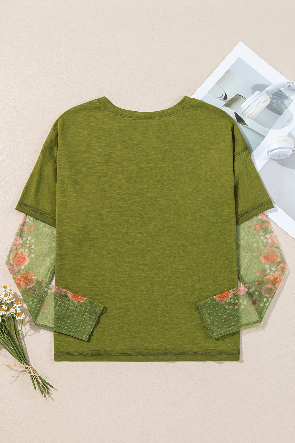 Fern Green Faux Two Piece Floral Long Sleeve Patchwork Tee Long Sleeve Tops JT's Designer Fashion