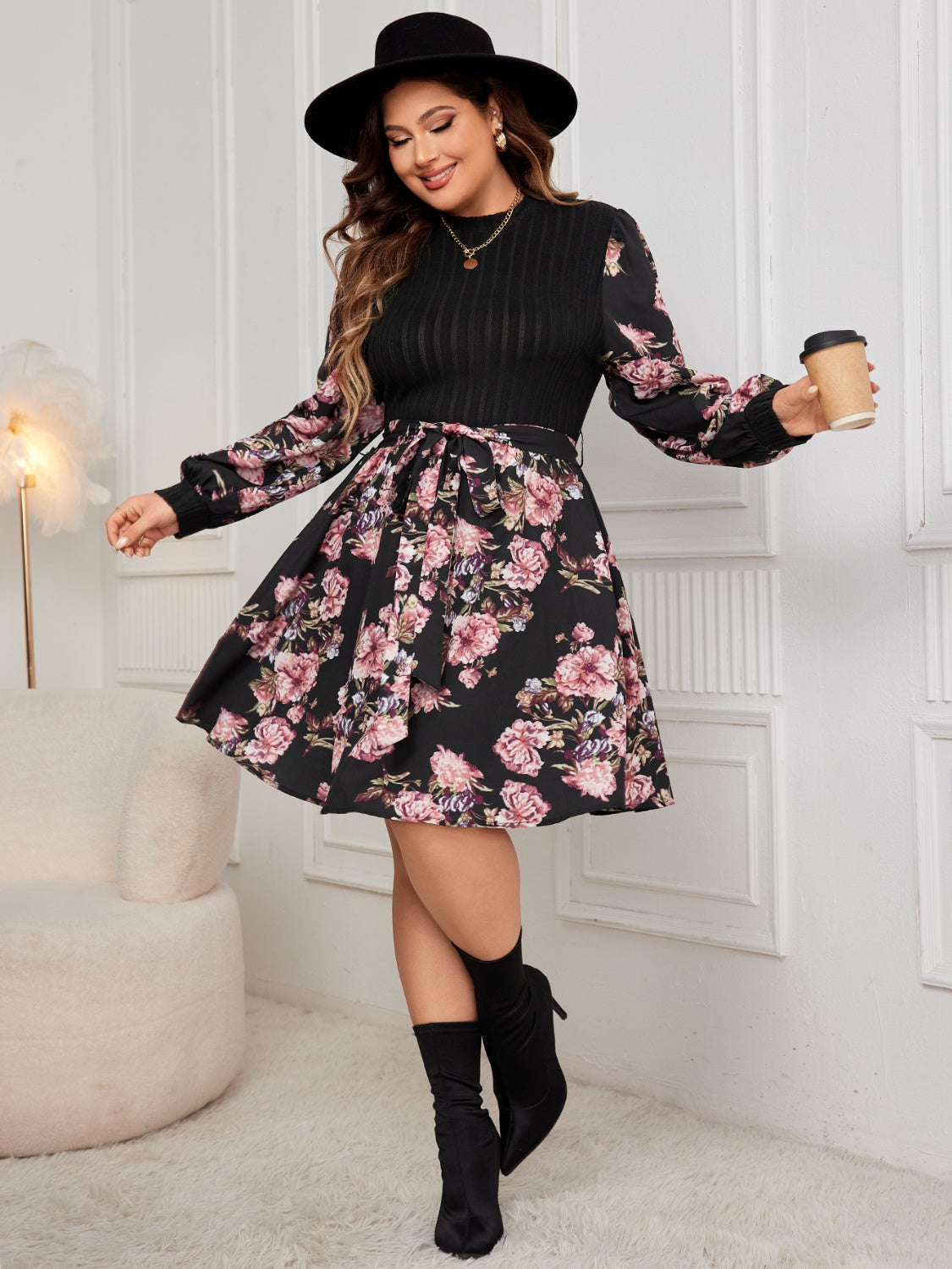 Plus Size Tied Printed Long Sleeve Dress Mini Dresses JT's Designer Fashion