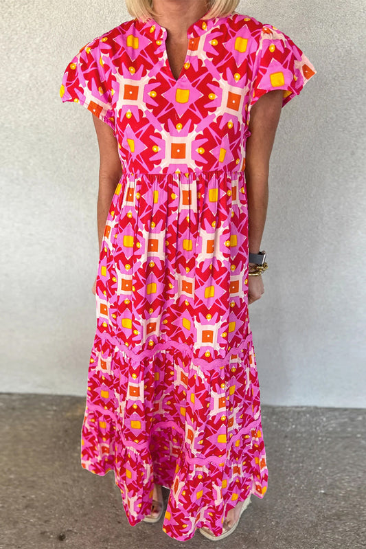 Strawberry Pink Geo Print V-neck Maxi Dress Strawberry Pink 100%Polyester Maxi Dresses JT's Designer Fashion