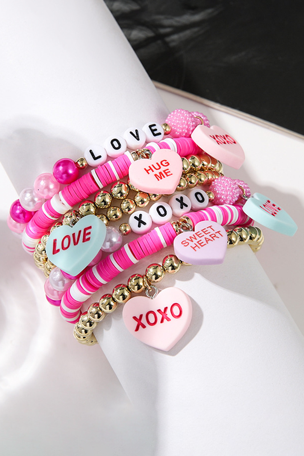 Bonbon Valentine Heart Pendant Beaded Elastic Bracelet Set Jewelry JT's Designer Fashion