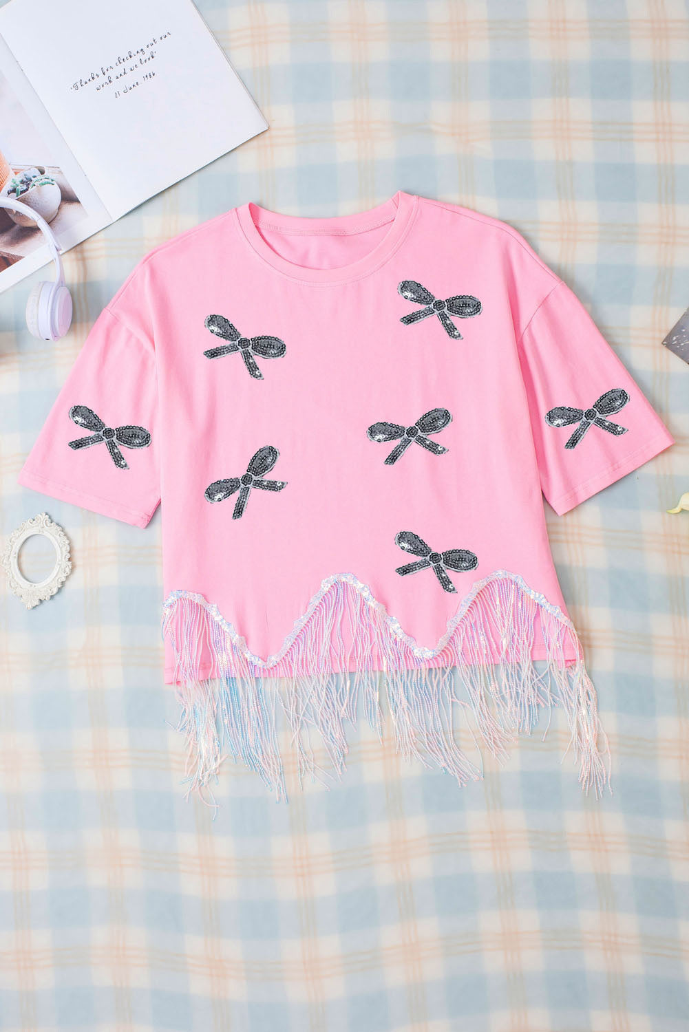 Pink Sequined Bow Knot Fringed Round Neck T Shirt Graphic Tees JT's Designer Fashion