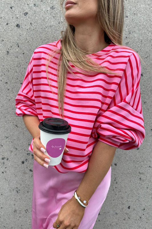 Sachet Pink Striped Print Crew Neck Drop Shoulder Sweatshirt Sweatshirts & Hoodies JT's Designer Fashion