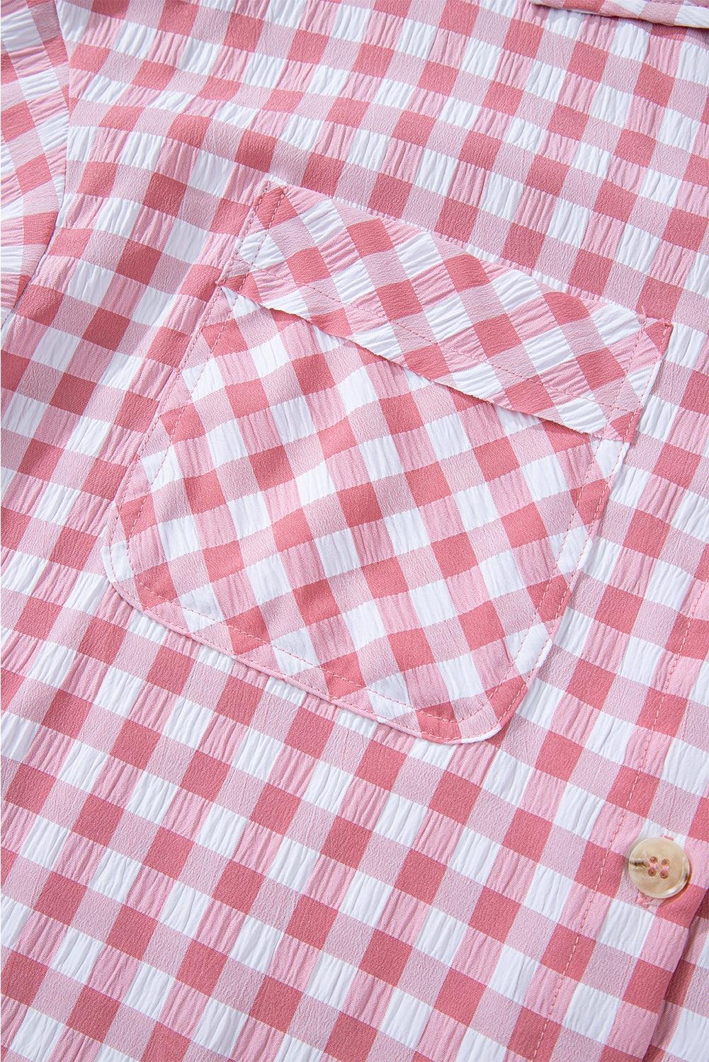 Pink Gingham Print Chest Pockets Buttoned Collared Shirt Blouses & Shirts JT's Designer Fashion