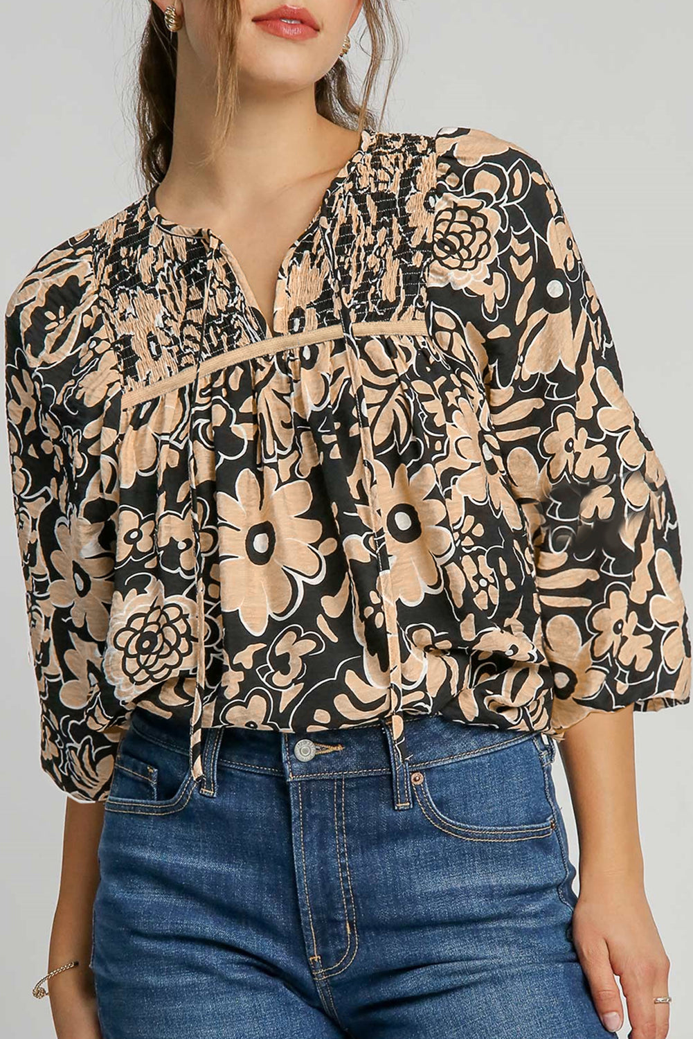 Black Floral Shirred Yoke Bracelet Sleeve Split Neck Boho Blouse Blouses & Shirts JT's Designer Fashion