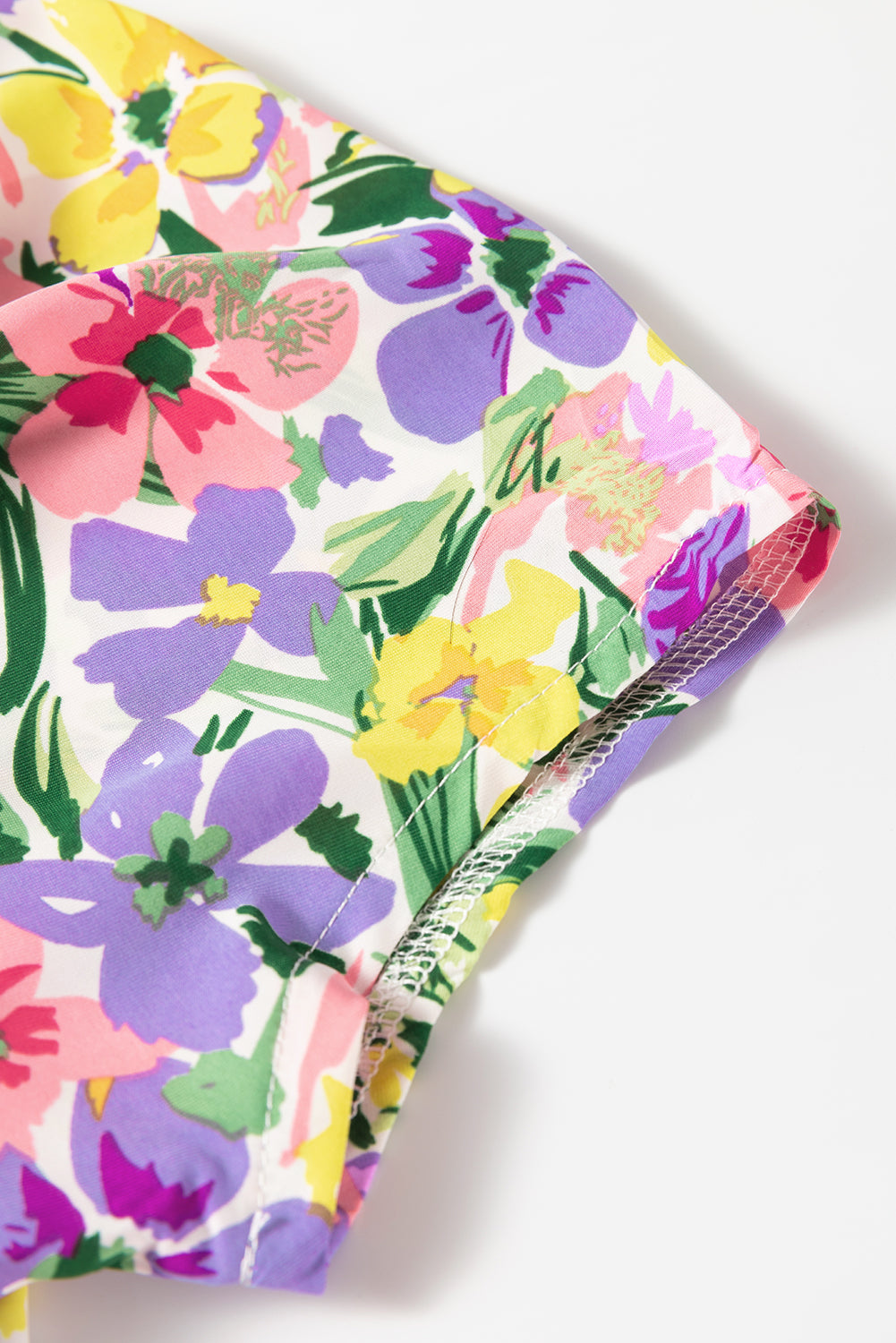 Purple Floral Print Puff Short Sleeve Crew Neck Blouse Blouses & Shirts JT's Designer Fashion
