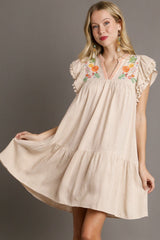 Jet Stream Linen Embroidery Split Neck Pom Pom Ruffle Sleeves Flowy Short Dress Mini Dresses JT's Designer Fashion