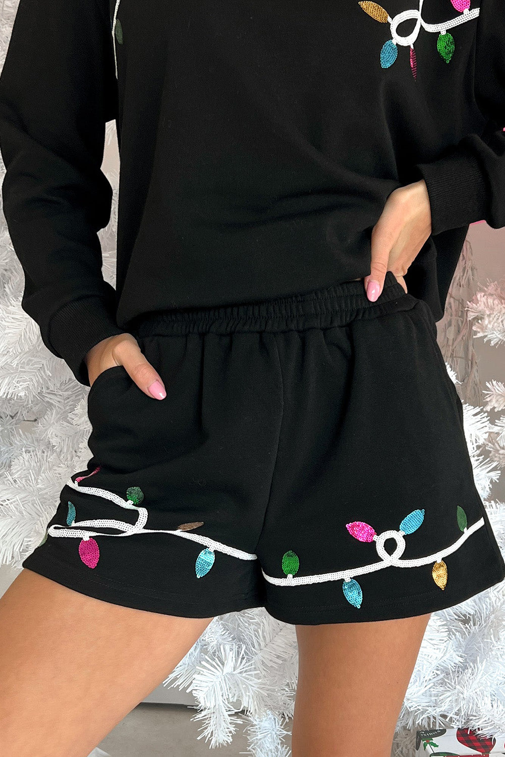 Black Sequin Merry Graphic Pullover and Shorts Outfit Short Sets JT's Designer Fashion