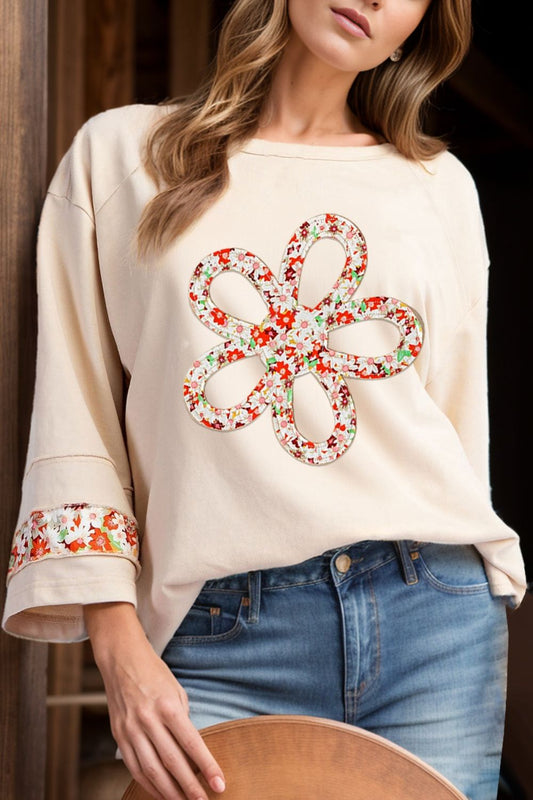 Exposed Seam Slit Floral Round Neck Blouse Ivory Long Sleeve Tops JT's Designer Fashion