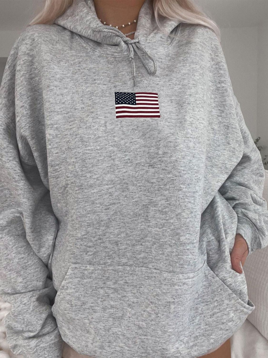 Drawstring US Flag Long Sleeve Hoodie Long Sleeve Tops JT's Designer Fashion