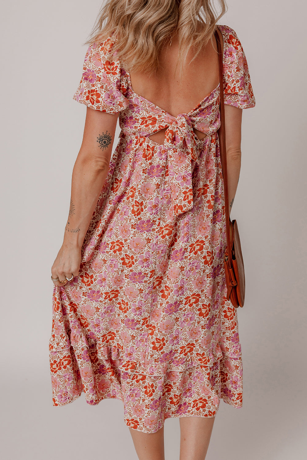 Pink Floral Square Neck Knotted Ruffle Midi Dress Floral Dresses JT's Designer Fashion