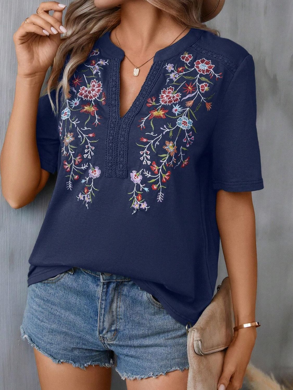 Embroidered Notched Short Sleeve T-Shirt Blouses & Shirts JT's Designer Fashion