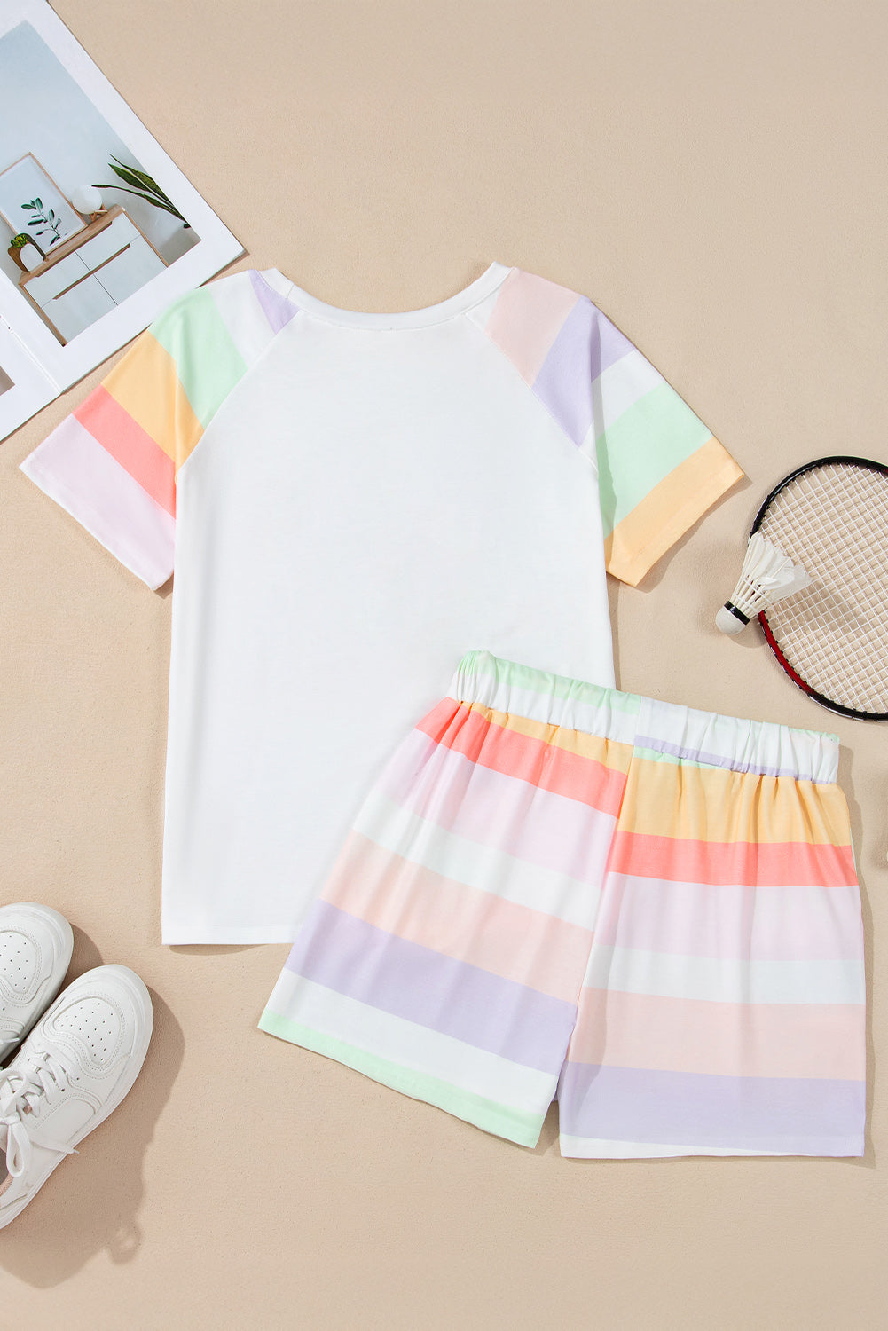 White Rainbow Striped T Shirt and Shorts Set Short Sets JT's Designer Fashion