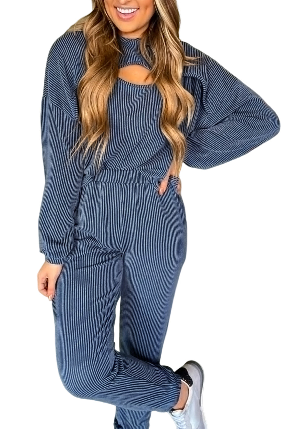 Blue Hollow-out Ribbed Hoodie Pants Casual 2pcs Outfit Pant Sets JT's Designer Fashion