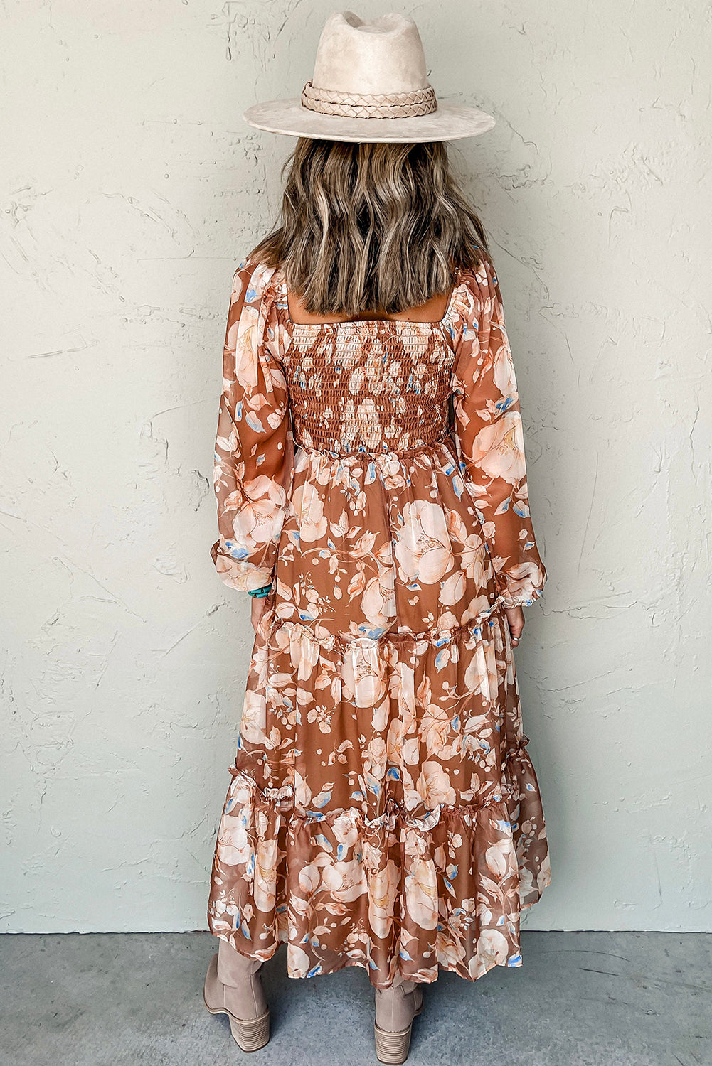 Brown Floral Print Shirred Square Neck High Waist Maxi Dress Maxi Dresses JT's Designer Fashion