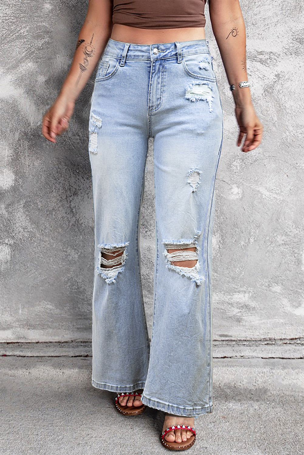 Beau Blue Vintage Light Wash Distressed Flare Jeans Beau Blue 93%Cotton+5%polyester+2%Elastane Jeans JT's Designer Fashion
