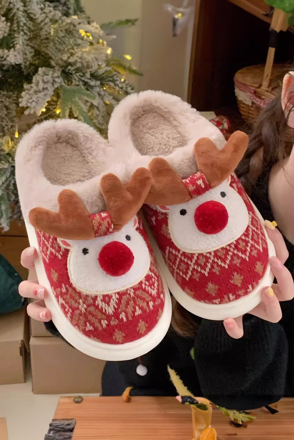 Fiery Red Christmas Cartoon Reindeer Plush Home Slippers Slippers JT's Designer Fashion