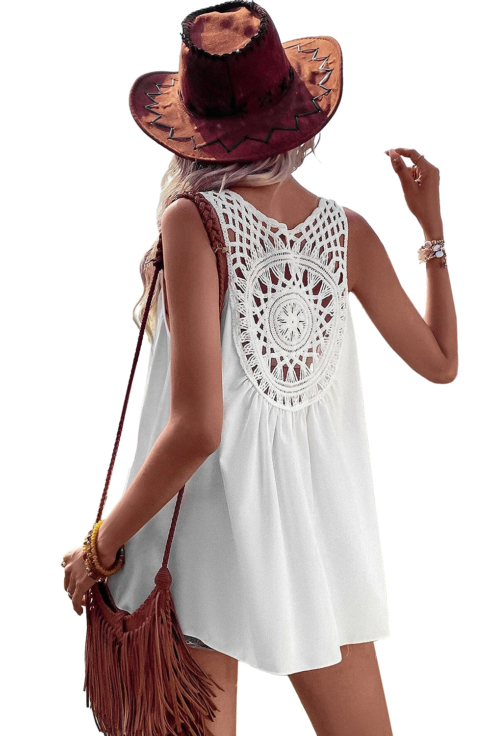 White Bohemian Crochet Patchwork Sleeveless Tunic Tank Tops JT's Designer Fashion