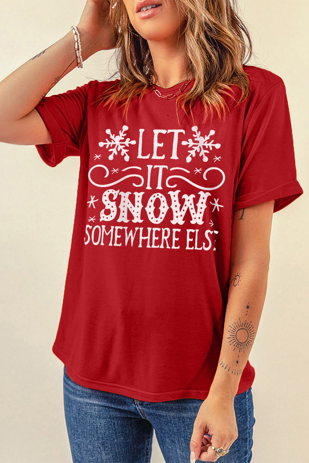 Fiery Red Let It Snow Somewhere Else Snowflake Graphic T Shirt Graphic Tees JT's Designer Fashion